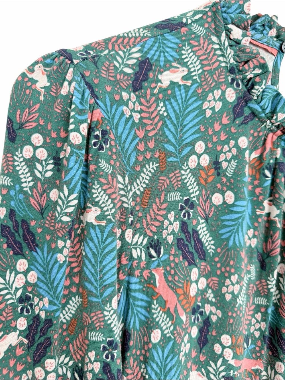 BODEN Woodland Frolic Green Floral Fox Bunny Print Long Sleeve Dress Sz 10 - Picture 2 of 10